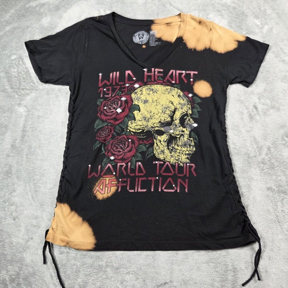 Affliction Top Womens M Black Bleached Wild Heart Skull Roses Gothic Grunge